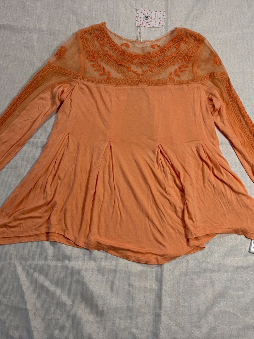 Free People Peach Mixed Media flowy swing tunic embroidered lace mesh sleeve